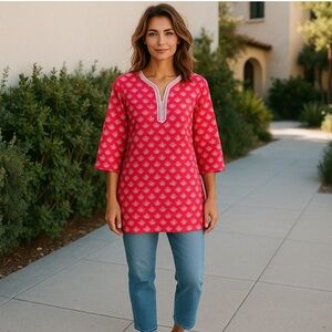 Talbots pink & white lace neck tunic